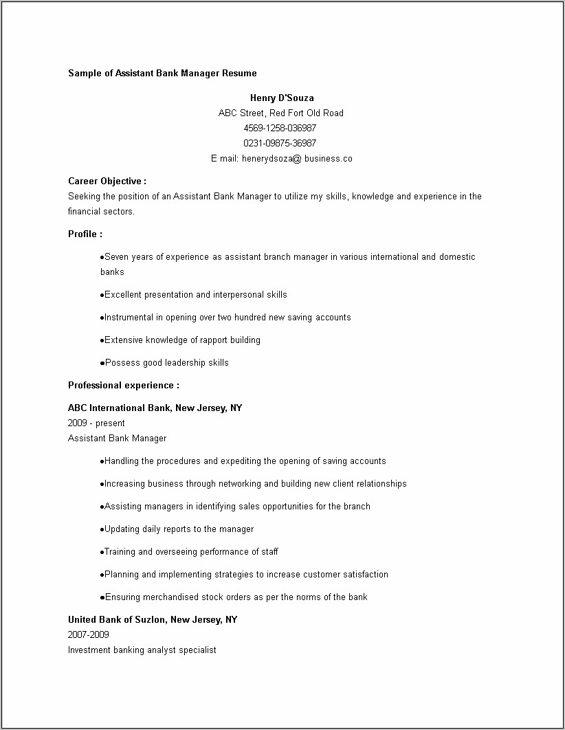 Bank Of America Assistant Manager Resume