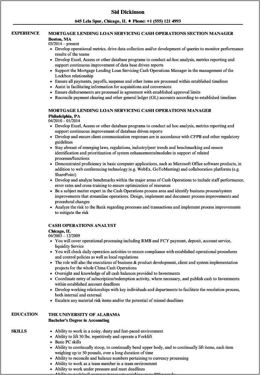 Bank Of America Bss Order Management Resume