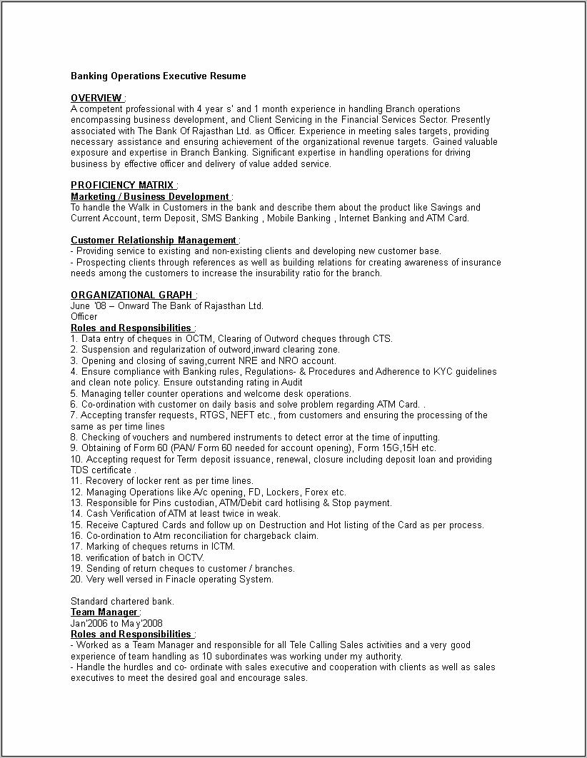 Bank Operation Manager Job Description Resume