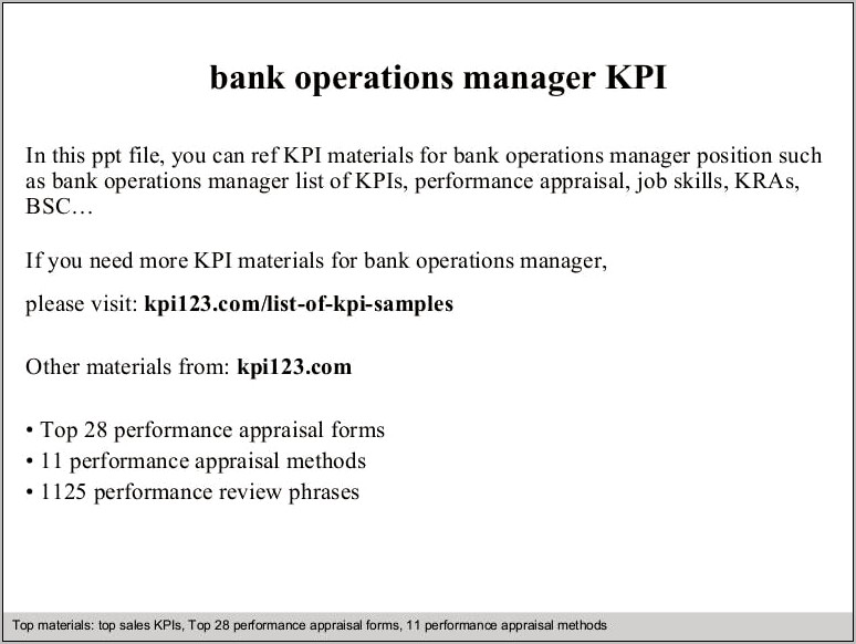 Bank Operations Manager Job Description Resume