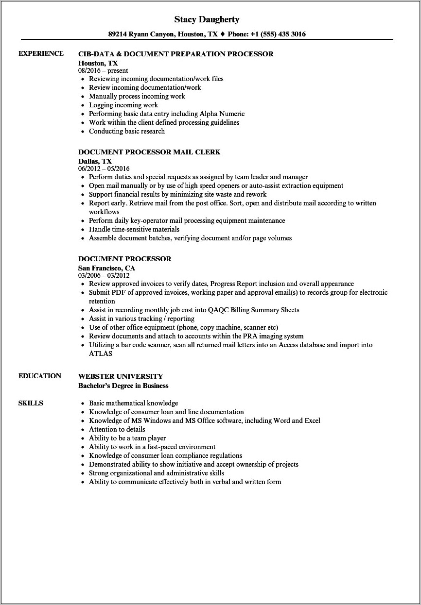 Bank Processor Job Description For Resume