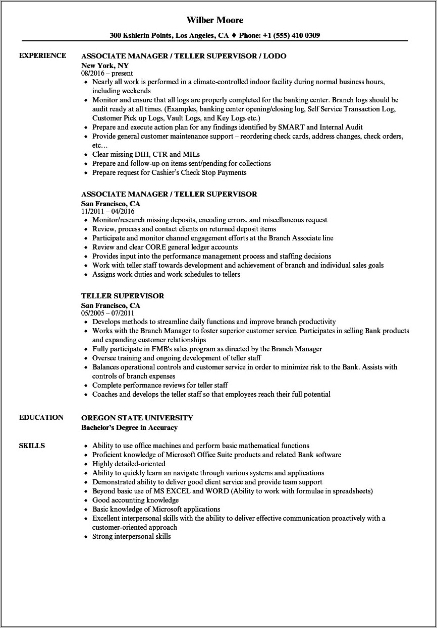 Bank Supervisor Job Description For Resume