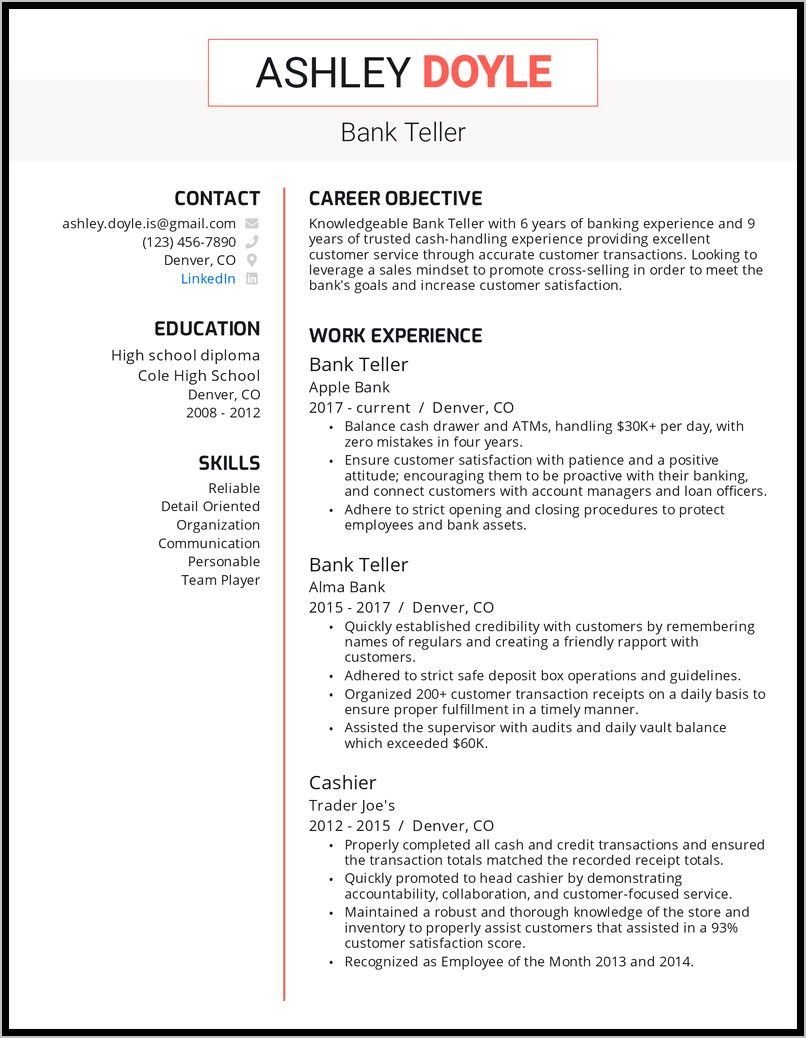 Bank Teller Resume Objective With Experience