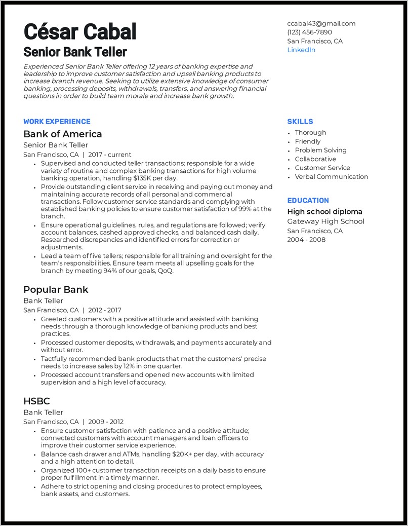 Bank Teller Skills And Abilities For Resume