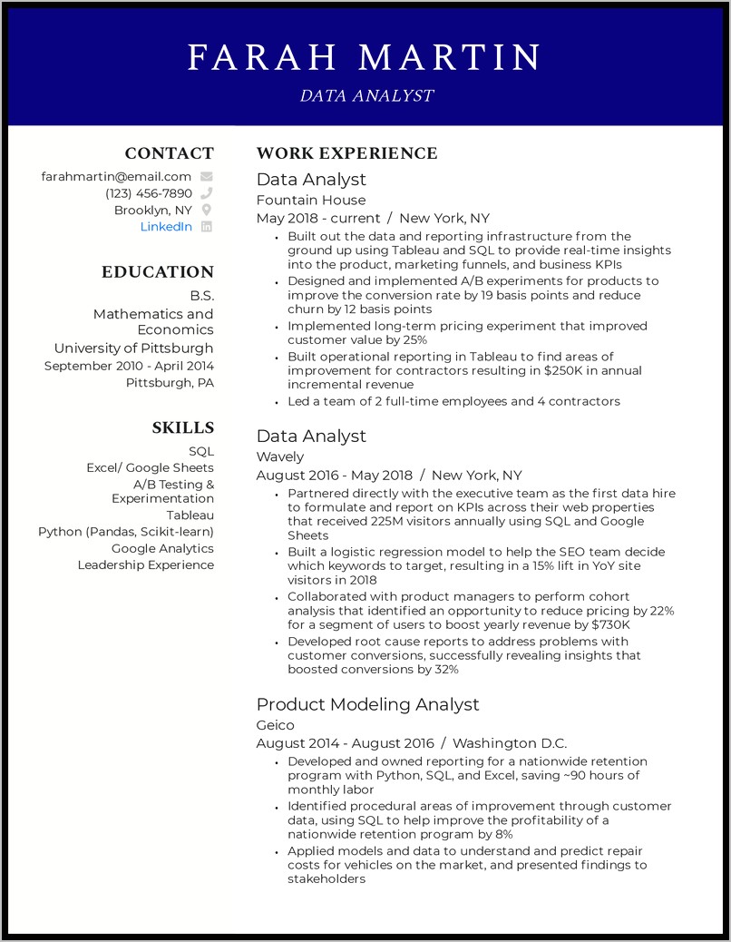 Banking Data Analyst With Tableau Sample Resume
