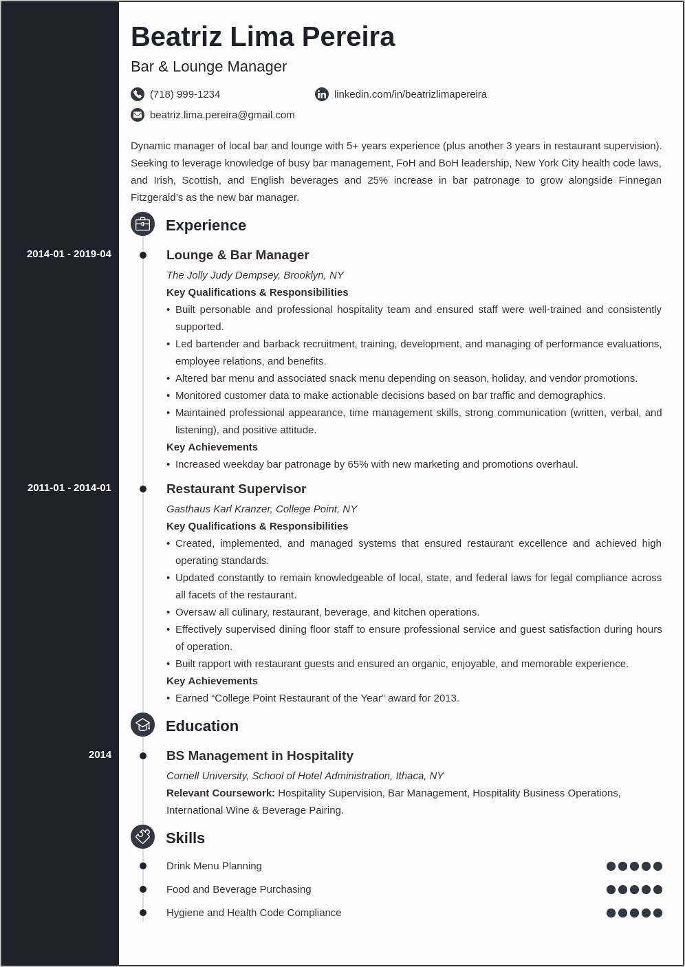 Bar Manager Job Description Sample Resume