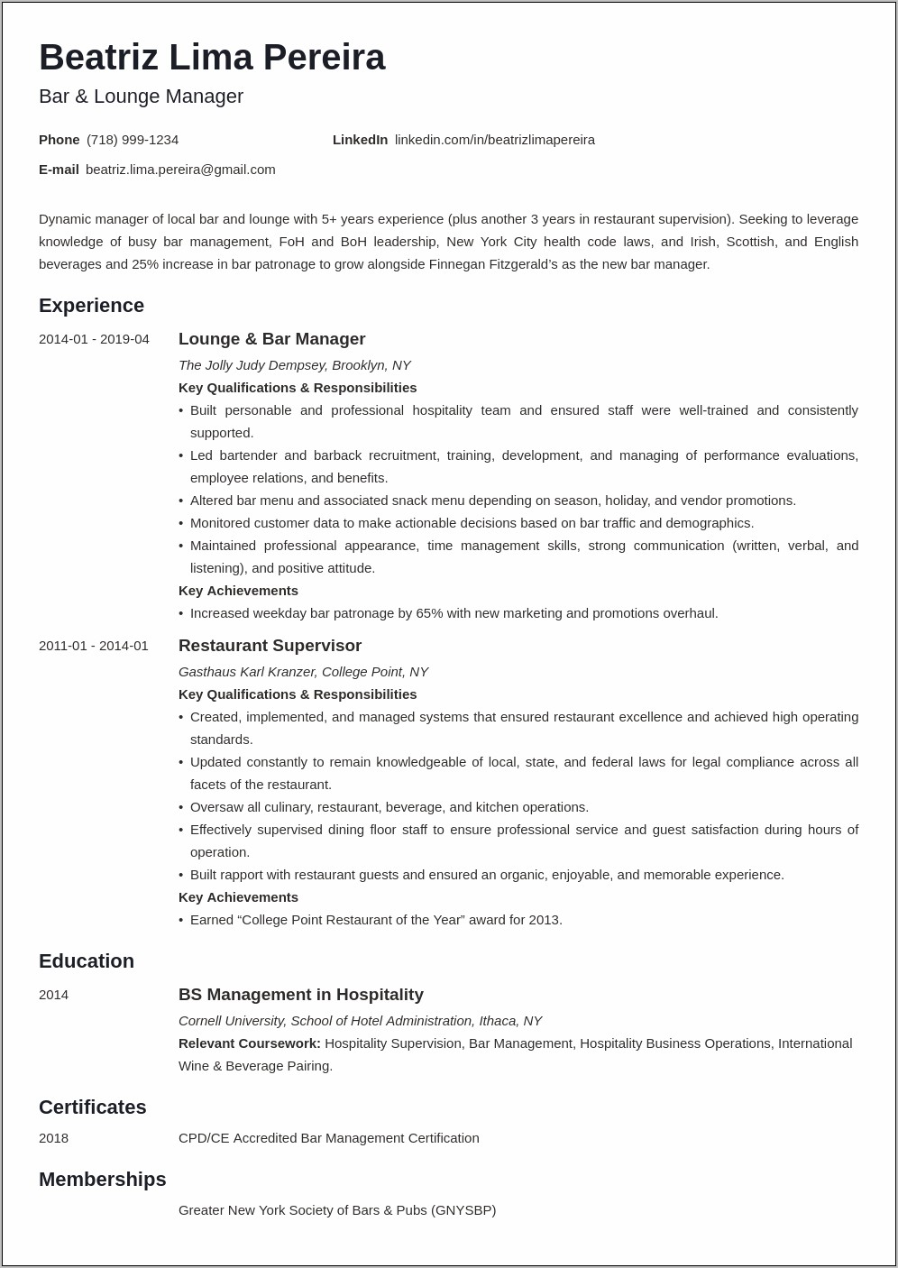 Bar Manager Job Responsibilities For Resume