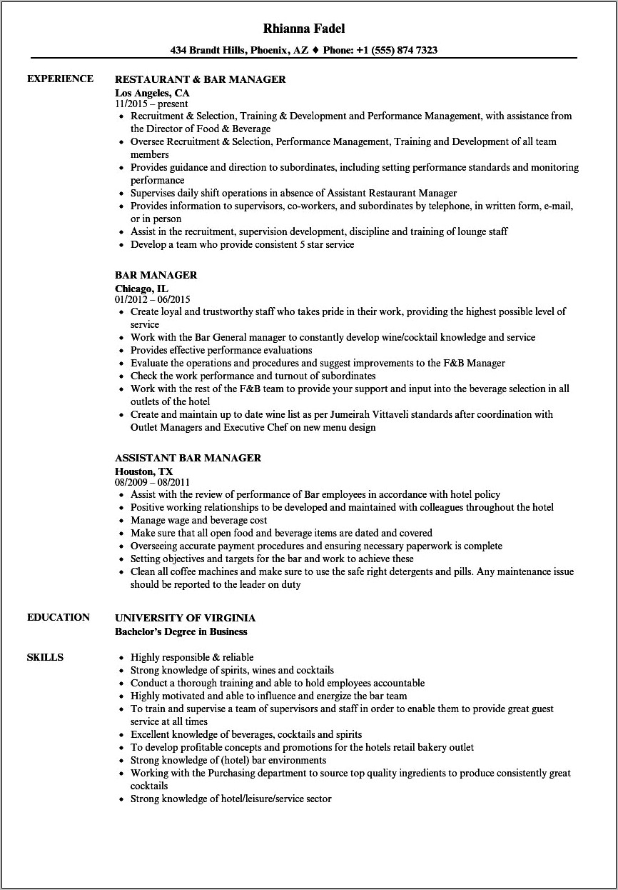 Bar Manager Of A Hotels Resume Responsibilities