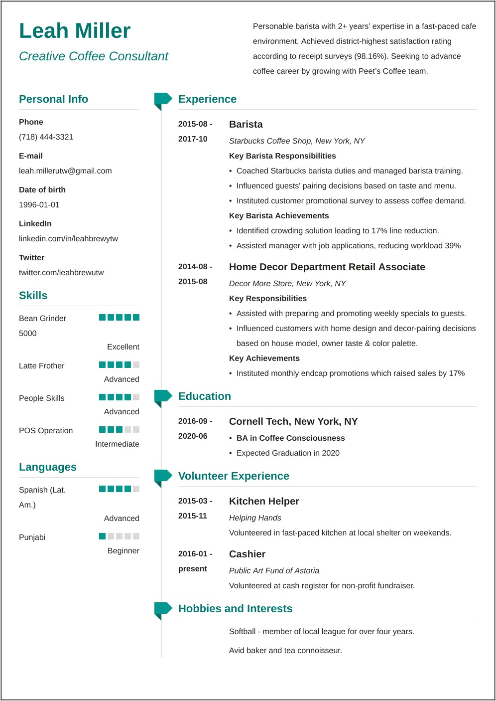 Barista Resume Samples With No Experience