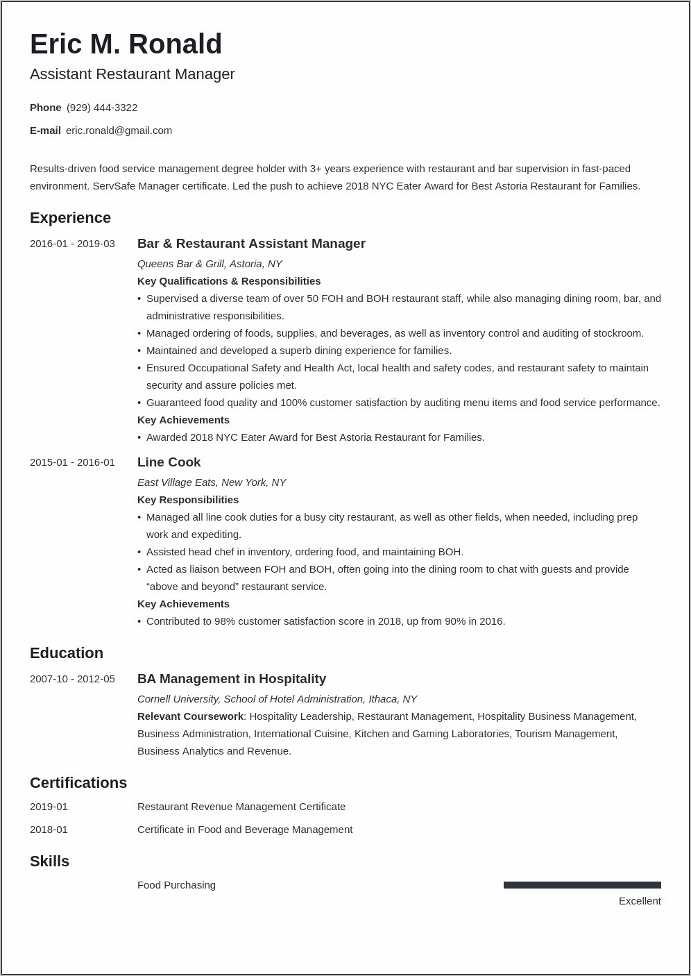 Bartender And Manager Job Experience For Resume