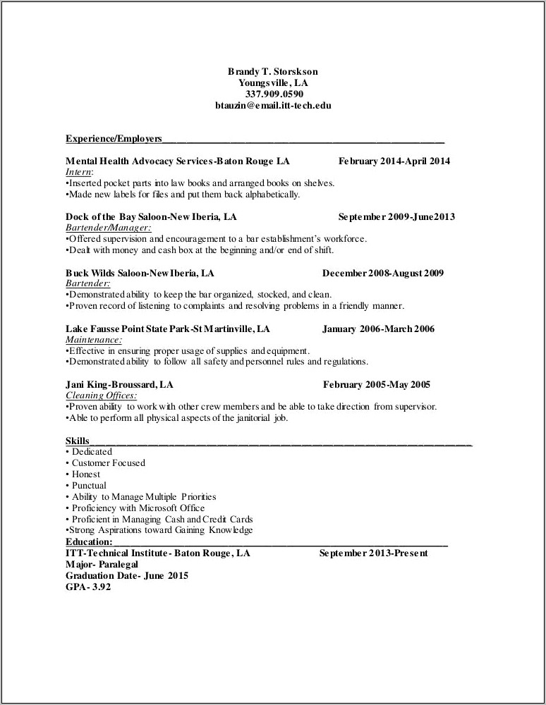 Bartender Manager Job Description For Resume