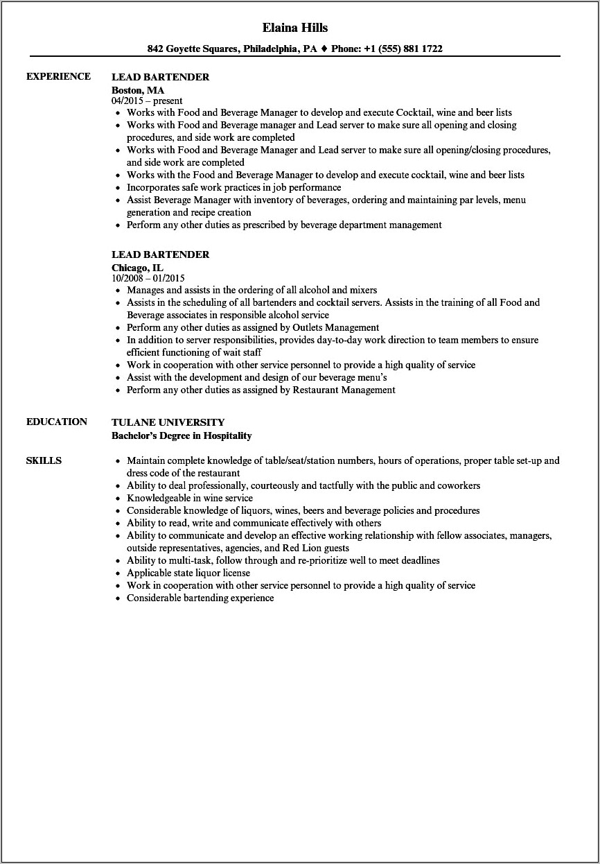 Bartender Server Job Description For Resume