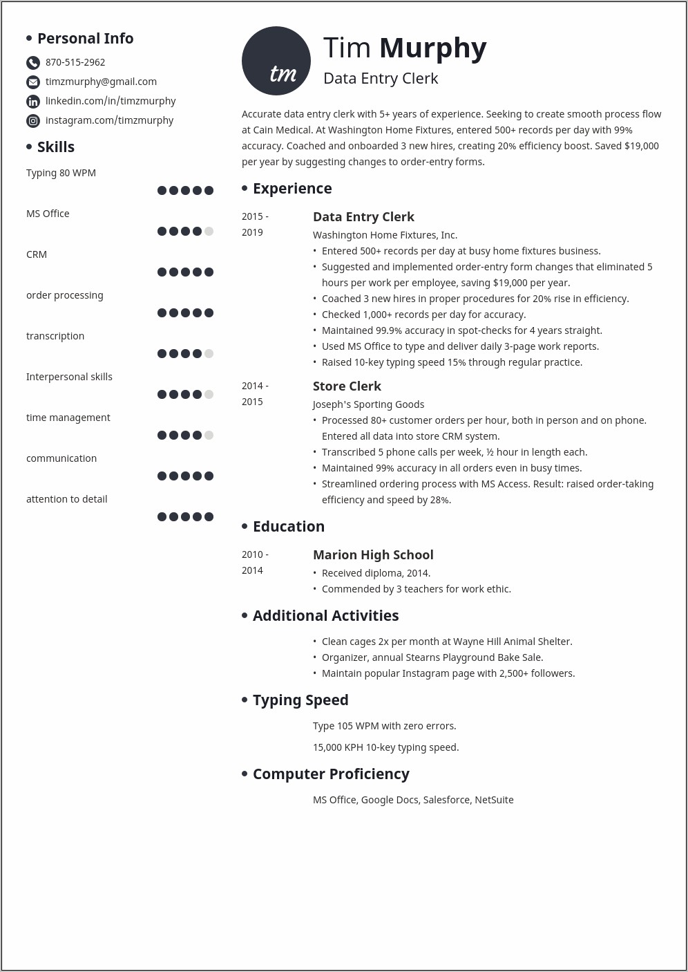 Basic Data Entry Specialist Resume Example Template