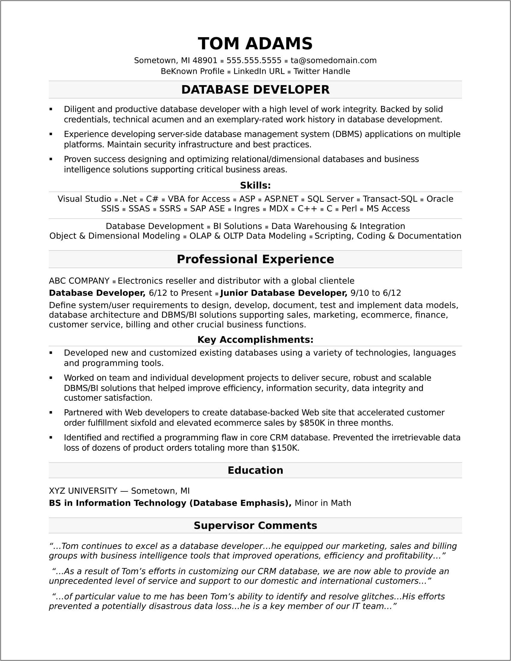 Basic Job Description Of Sql Developer For Resume
