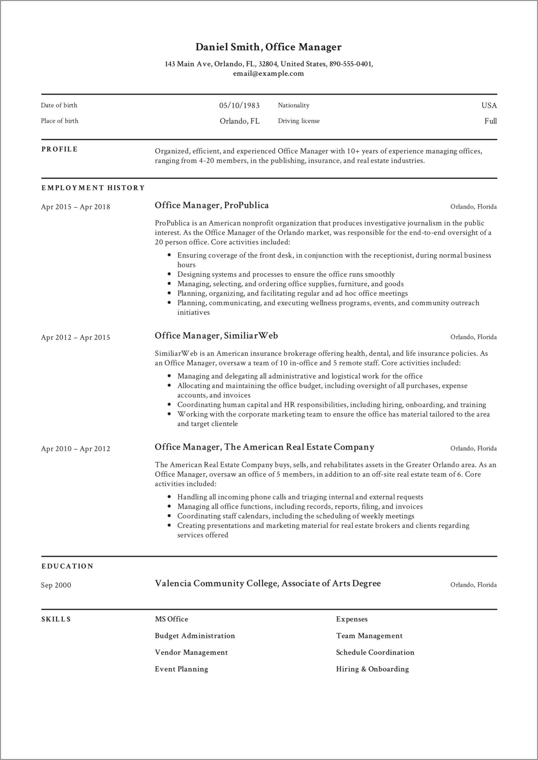 Basic Office Manager Resume Examples