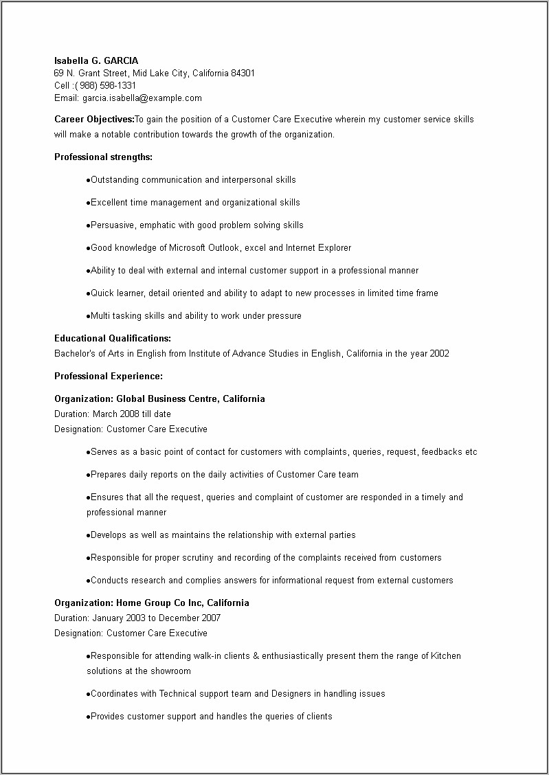 Basic Resume Examples For Customer Service