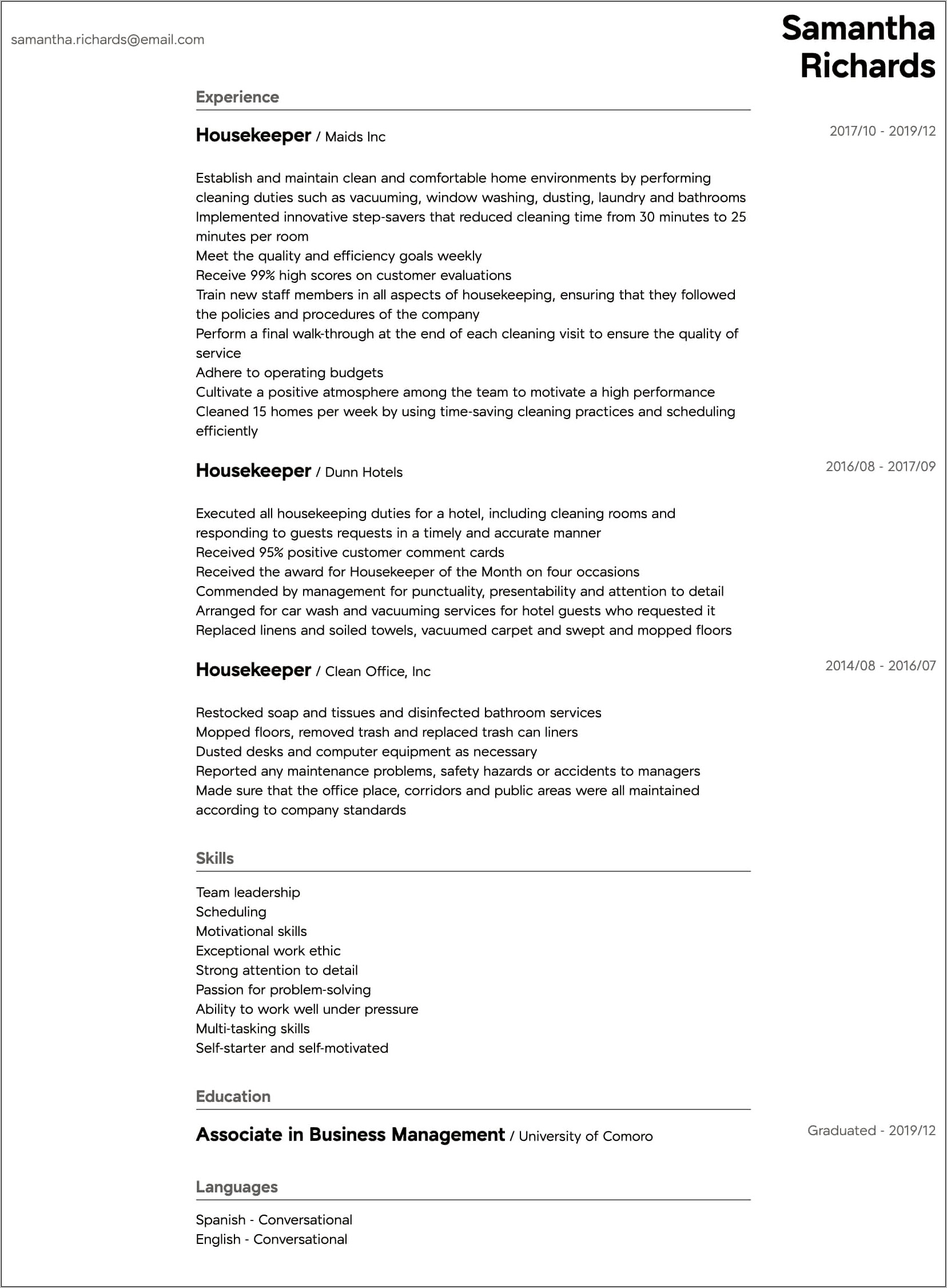 Basic Resume Examples Laudnry Attendant At Hotel