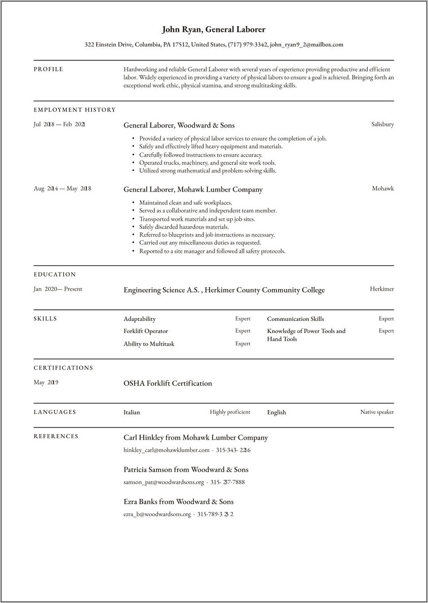 Basic Resume Objective For General Labor