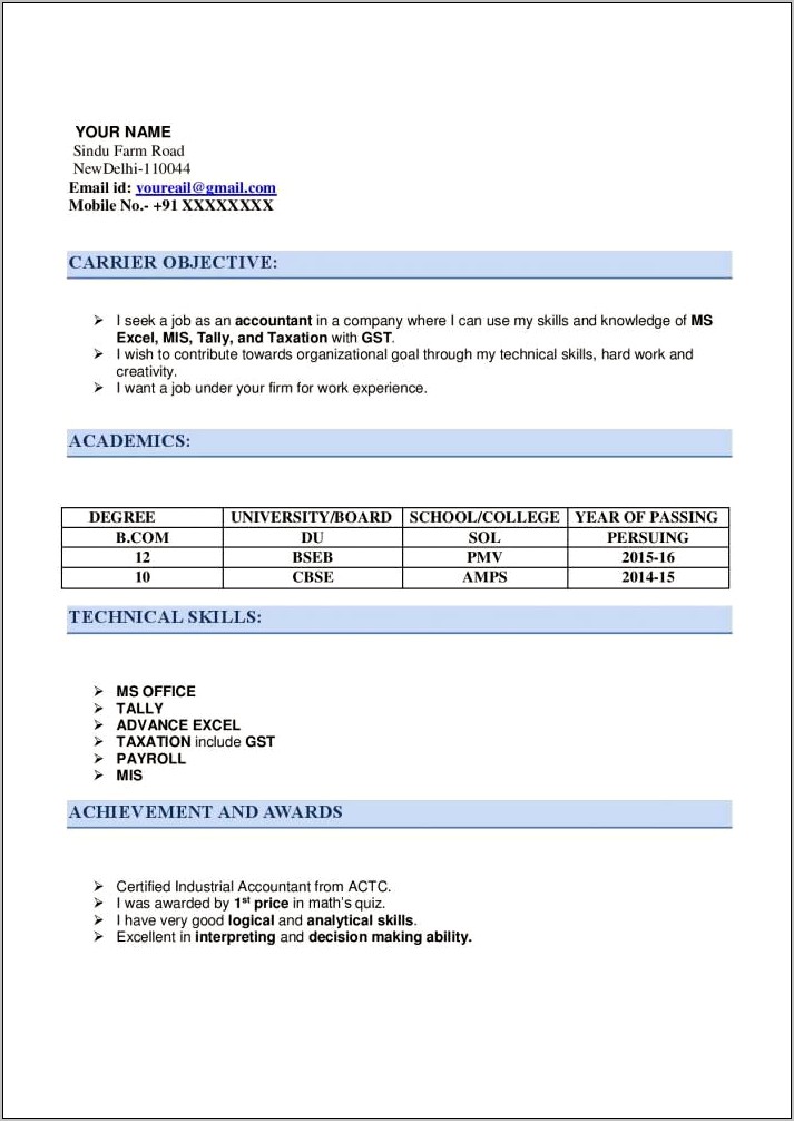Bcom Fresher Resume In Word Format