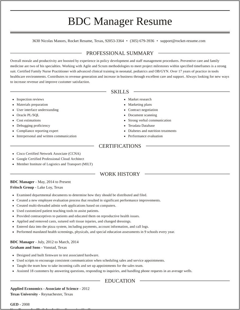 Bdc Representative Job Description For Resume