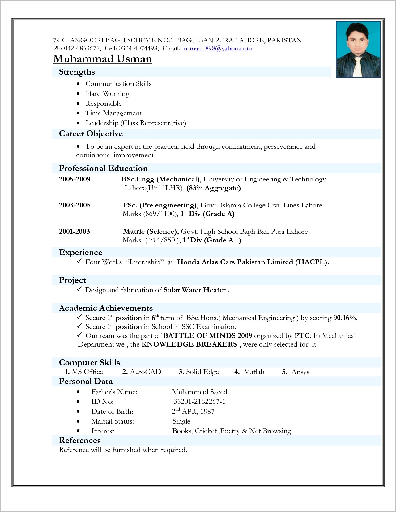 Be Computer Science Fresher Resume Sample