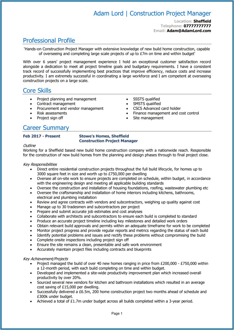 Beginner Construction Project Manager Job Description Resume