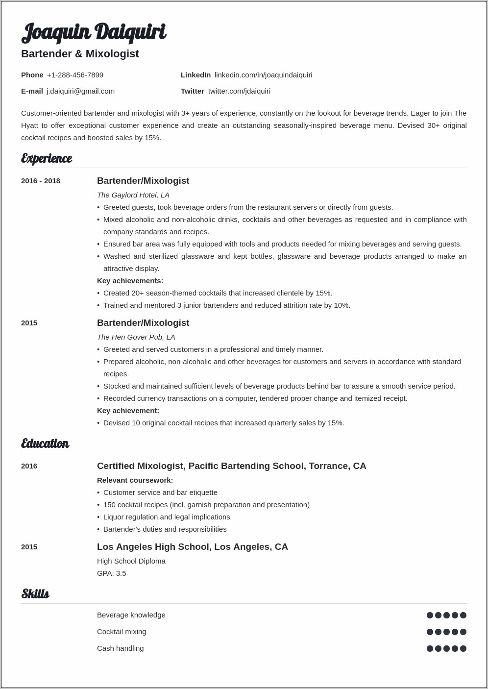 Best Bartender Resume You Can Copy And Paste