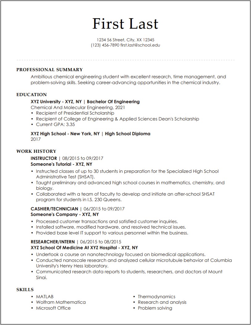 Best Entry Level Chemical Engineering Resume
