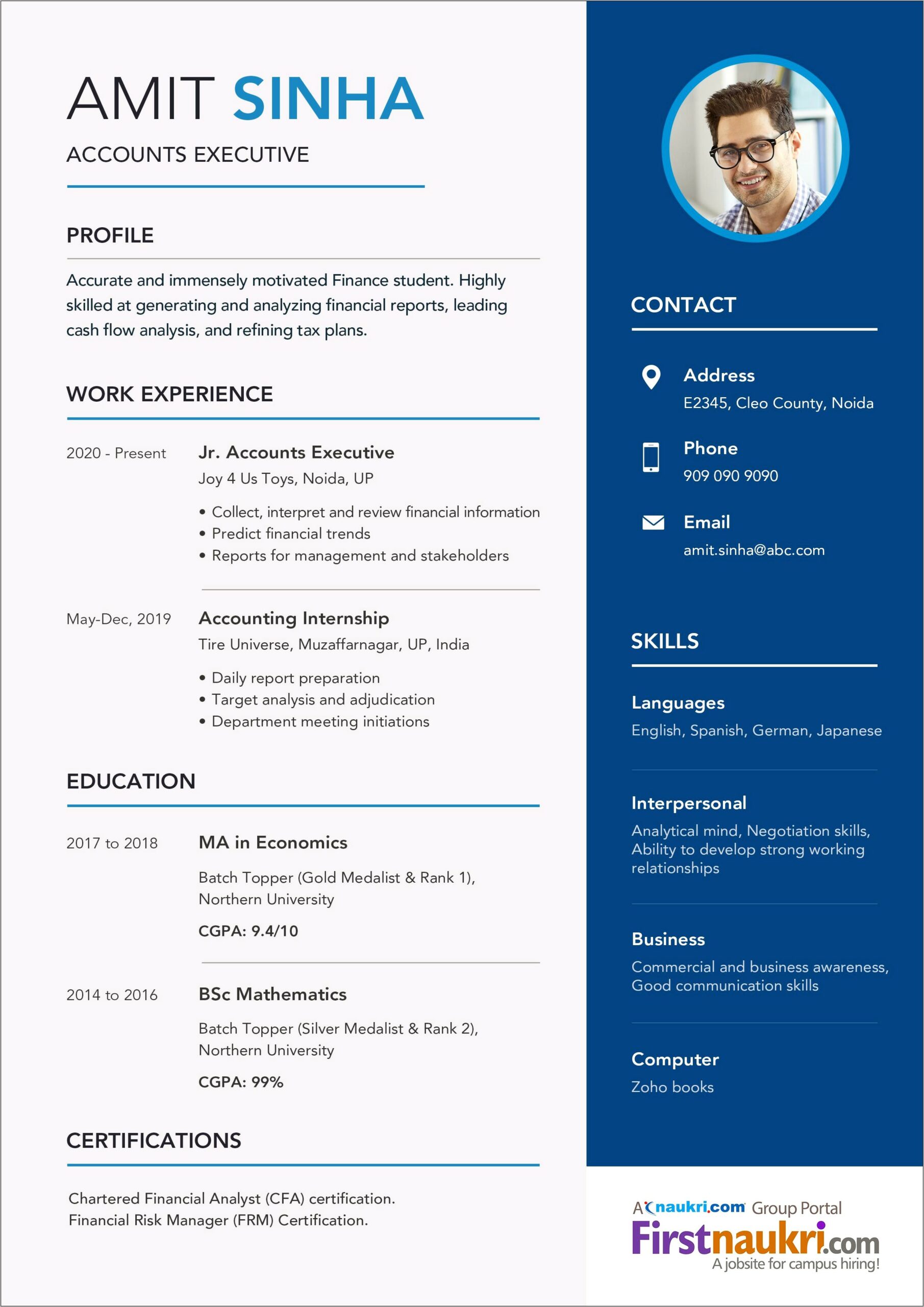 Best Example Of Resume For Freshers