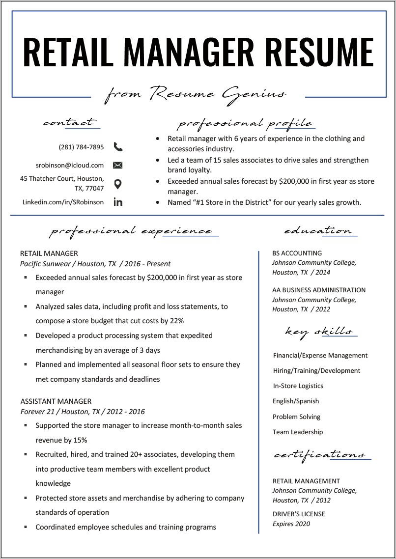 Best Examples Of A Resume For Retail Manager