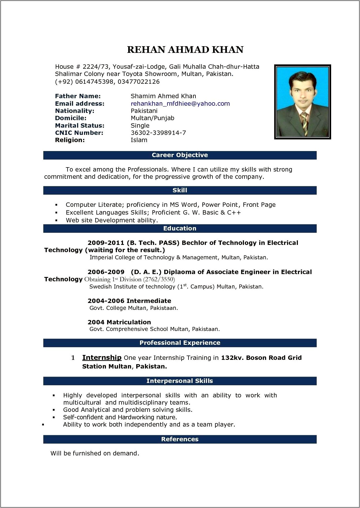 Best Professional Resume Format For Freshers