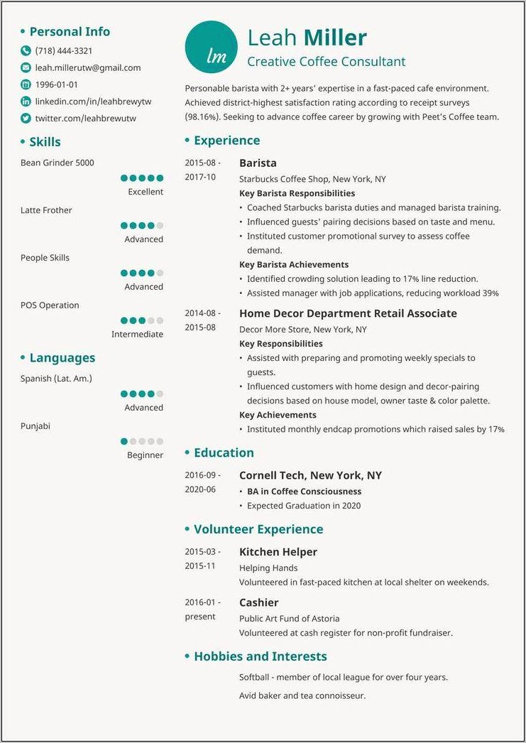 Best Resume Description Of A Starbucks Barista