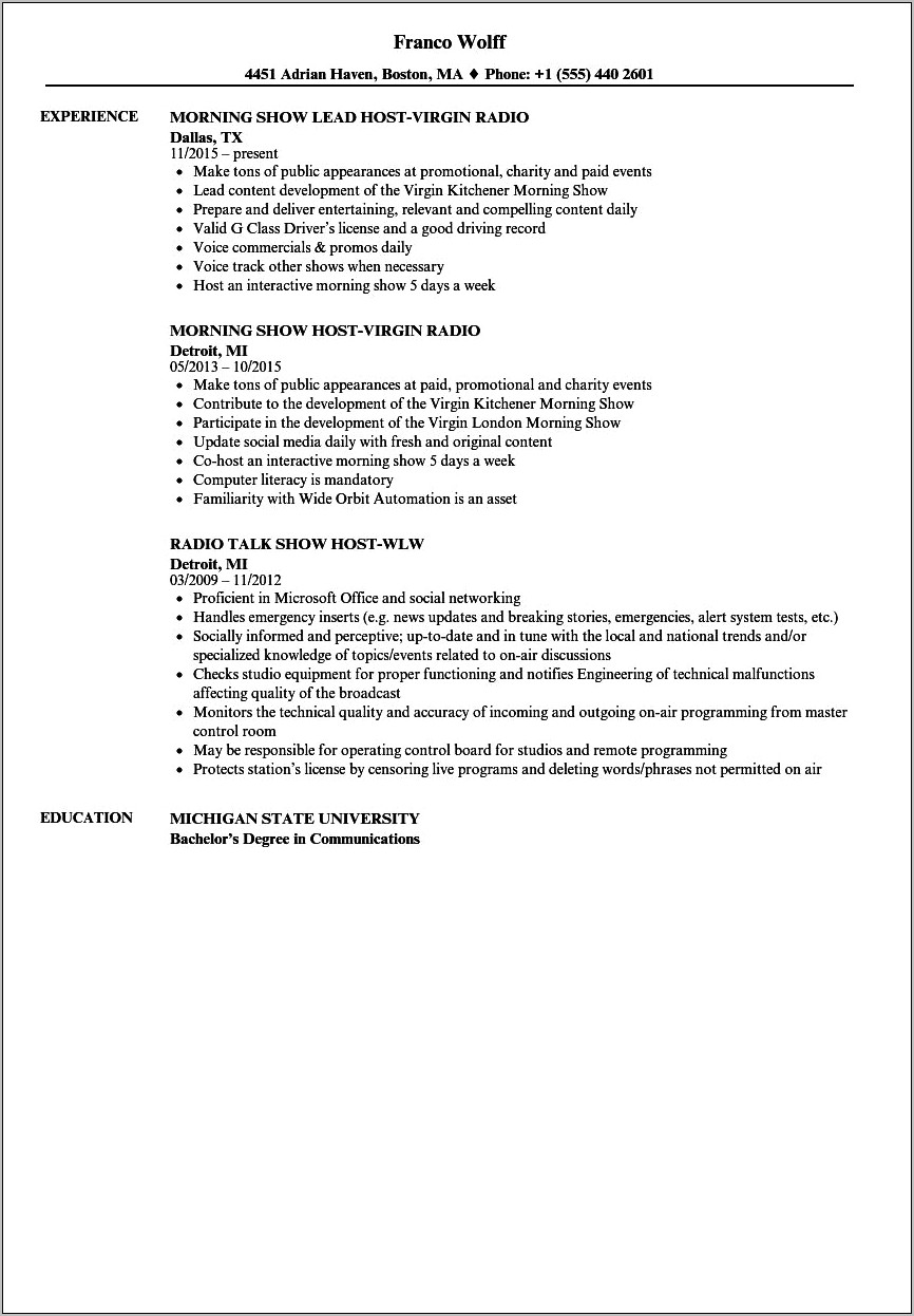 Best Resume Example For Radio Broadcaster