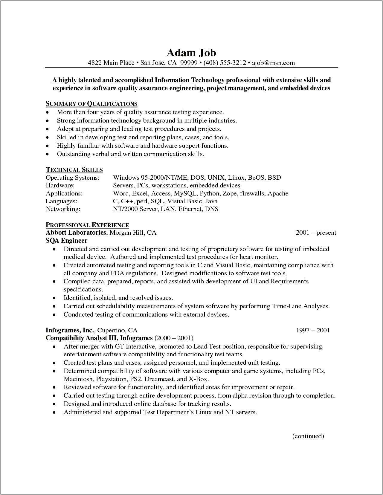Best Resume For Experienced Quality Engineers