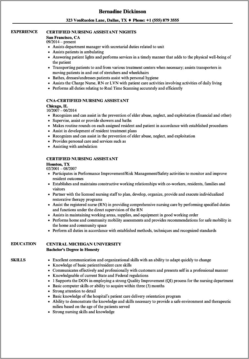 Best Resume For Nursing Assistant With No Experience