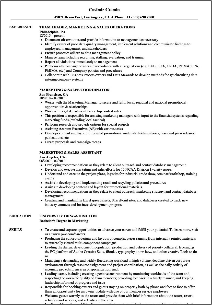 Best Resume For Sales And Marketing