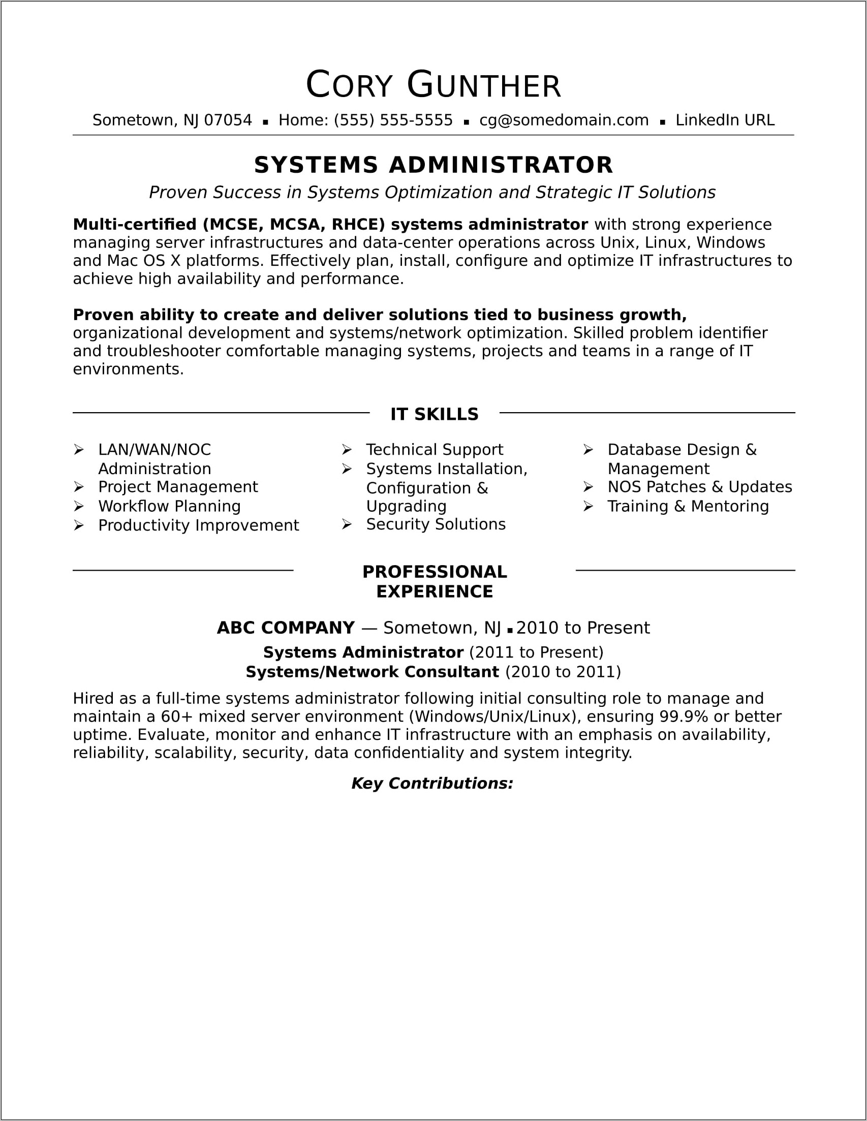 Best Resume Format For Experienced System Administrator