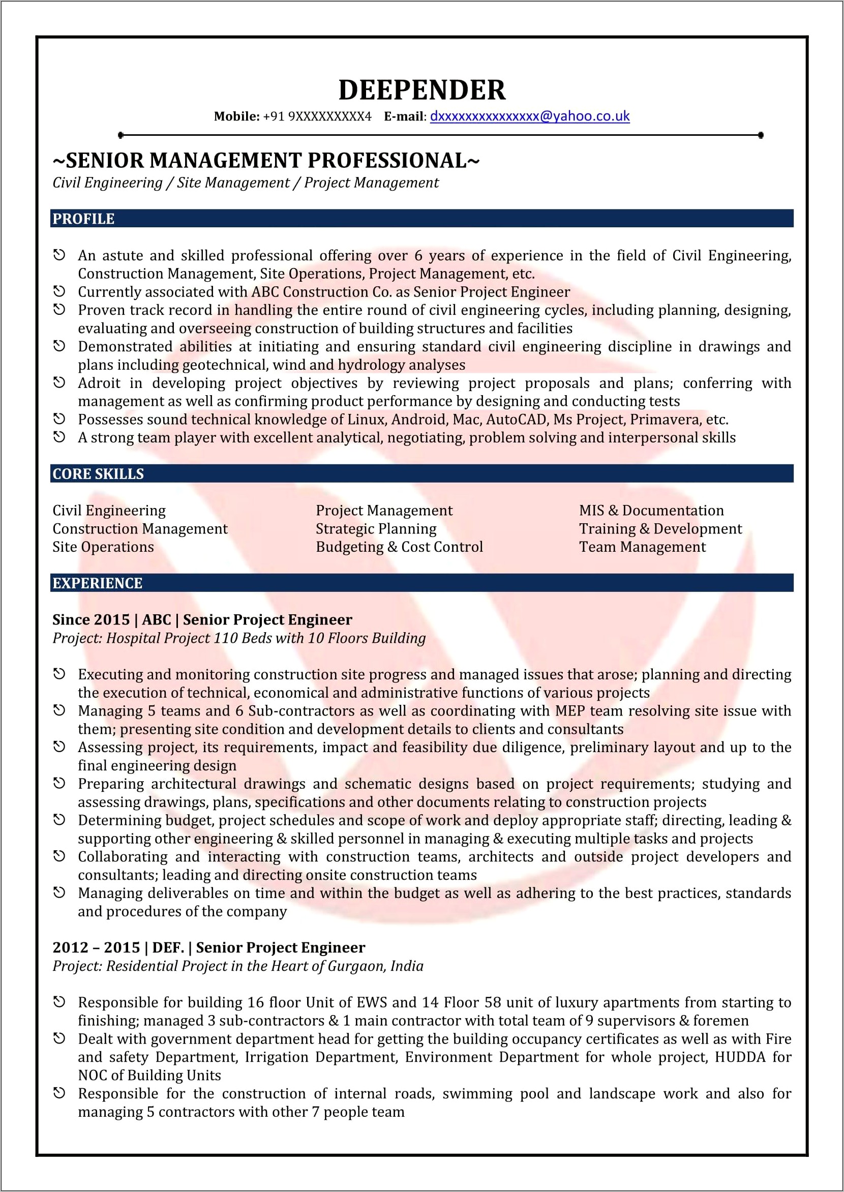 Best Resume Format For Freshers Civil Engineers Pdf