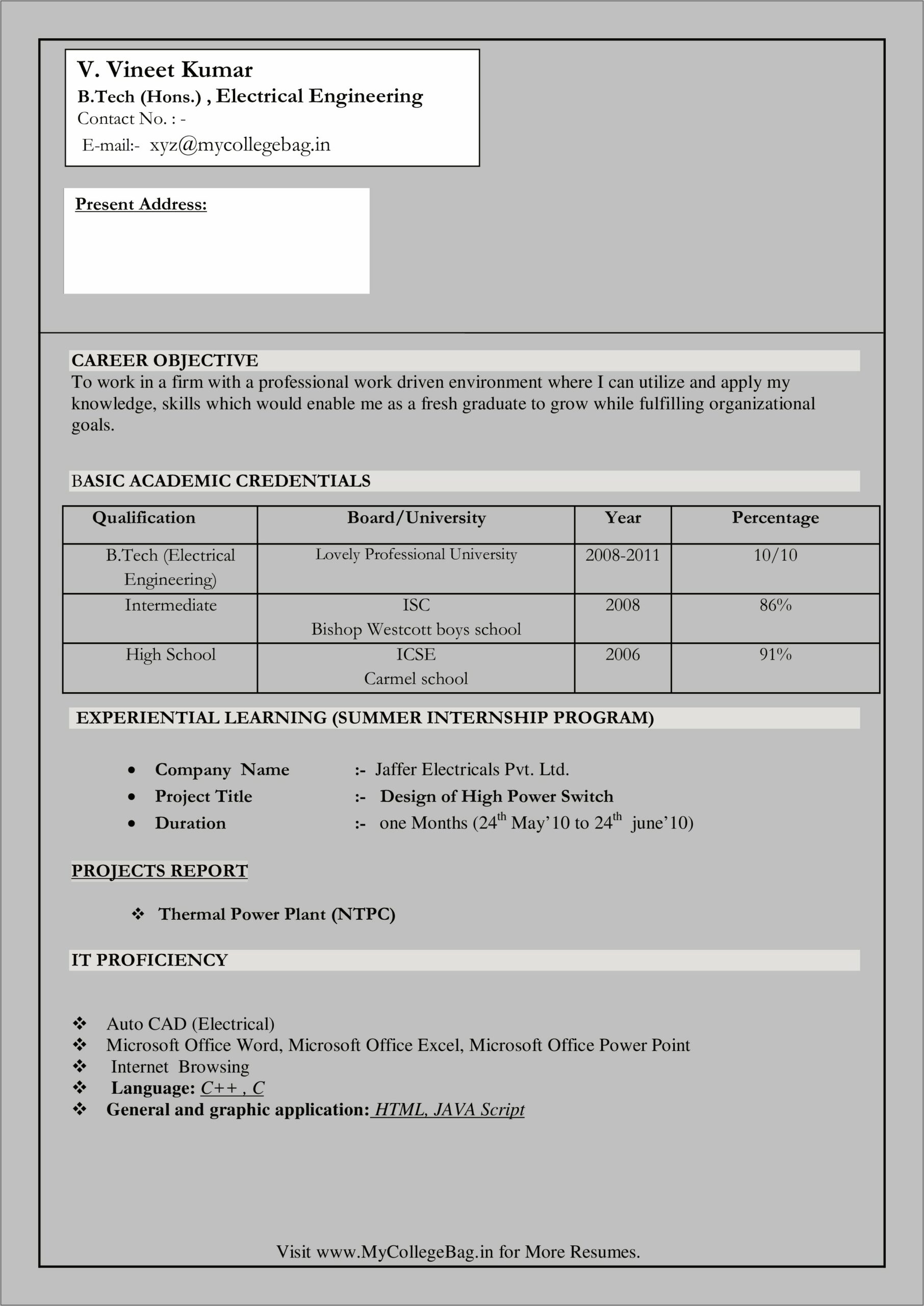 Best Resume Format For Freshers Electrical Engineers