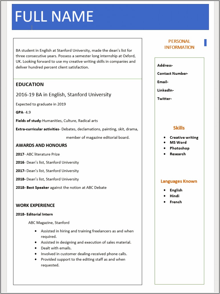 Best Resume Format For Freshers Word Document