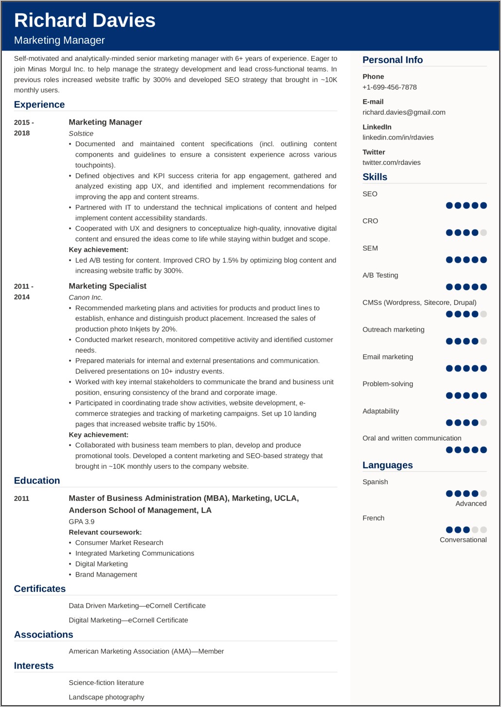 Best Resume Format For Mba Marketing Experienced