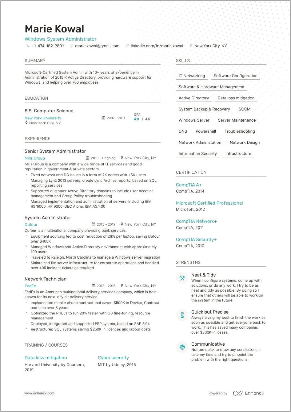 Best Resume Format For Network Admin