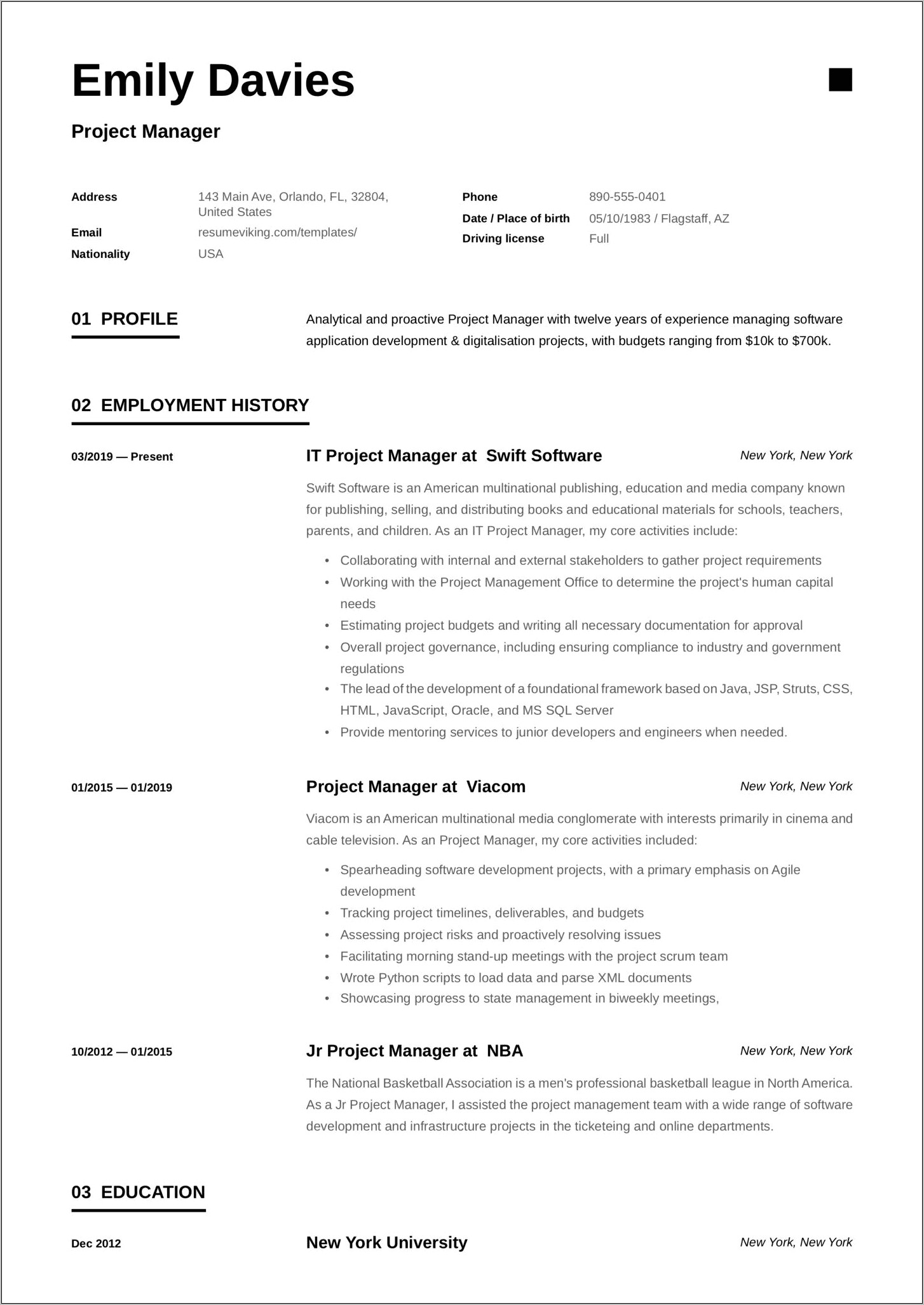 Best Resume Format For Project Management Pdf