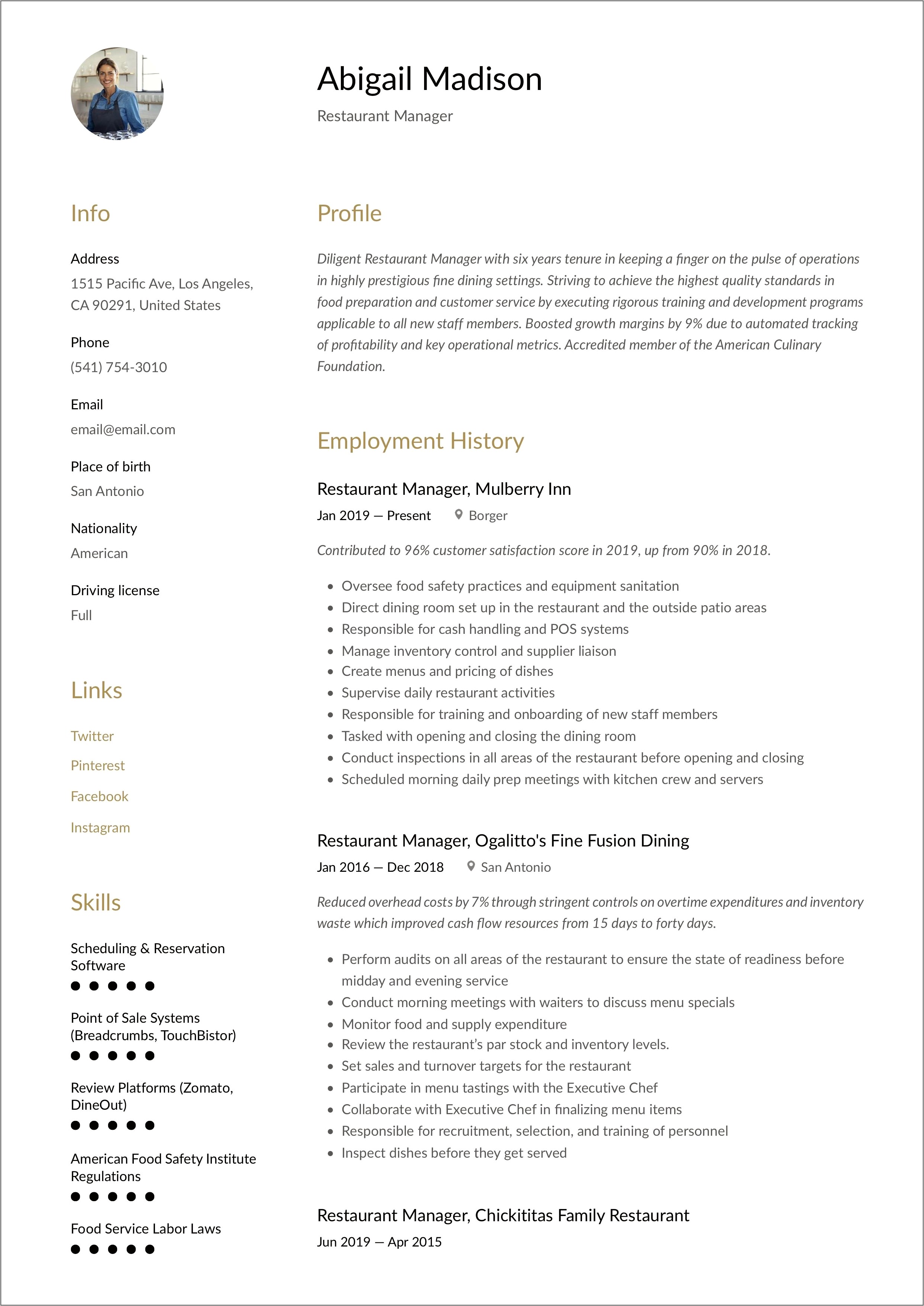 Best Resume Format Restaurant Manager
