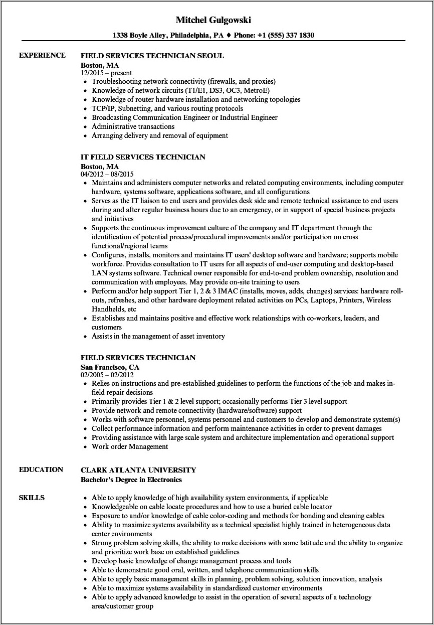 Best Resume Of Field Service Engineer In Electronics