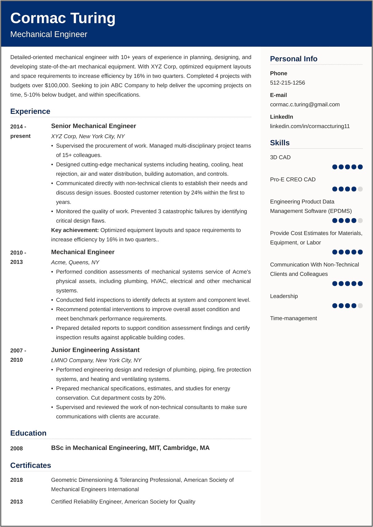 Best Resume Sample For Engineering Students
