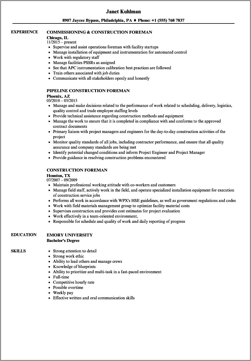 Best Resume Summory For Construction