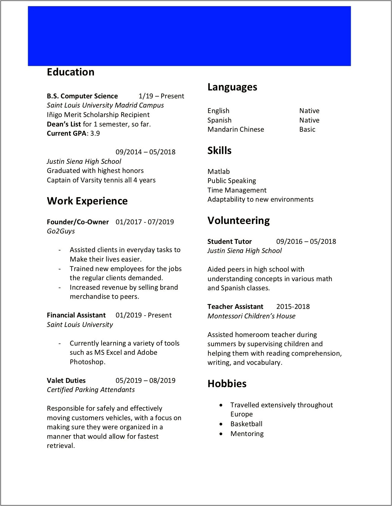Best Resume Template For Freshman College Student