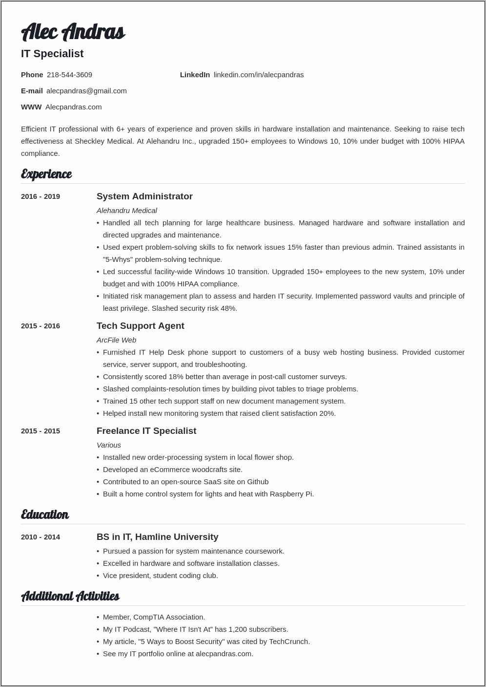 Best Resume Template For It Support