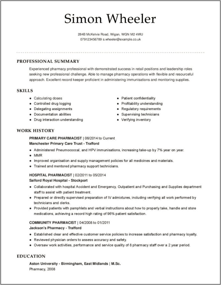 Best Resume Template For Pharmacy Technician